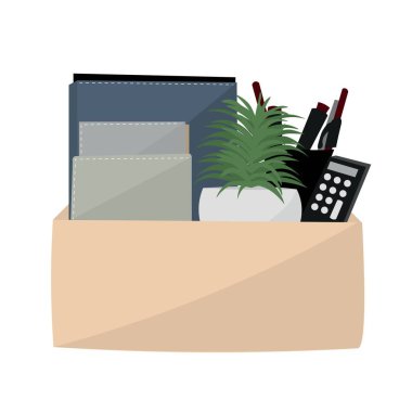 Box with personal things of dismissed worker on white background