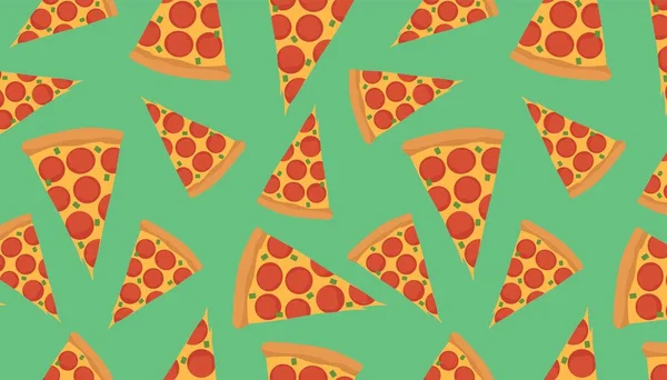 Many Slices Delicious Pizza Green Background Pattern Design — Vettoriale Stock