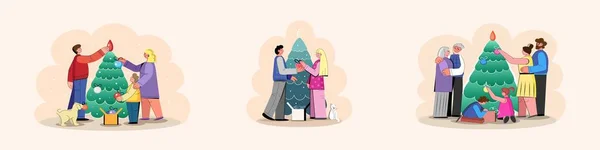 Set Families Decorating Beautiful Christmas Trees Home — Image vectorielle