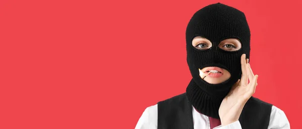 Portrait Young Woman Balaclava Burning Match Mouth Red Background Space — Fotografia de Stock