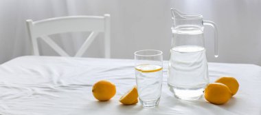 Masa üzerinde taze su ve limon ile sürahi ve cam