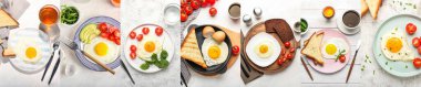 Collage with tasty fried eggs, top view