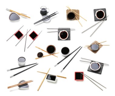Set of soy sauce on white background 