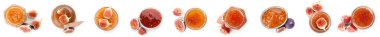 Set of sweet fig jam on white background, top view