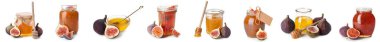 Set of sweet figs, jam and honey on white background