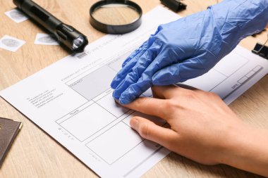 Forensic expert taking finger print of woman on table