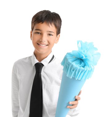 Little boy with school cone on white background