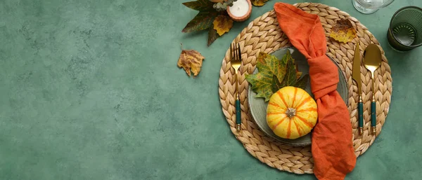 Beautiful Autumn Table Setting Pumpkin Green Background Space Text — Stock Photo, Image