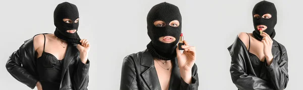 Set Young Woman Balaclava Lipstick Light Background — Stockfoto