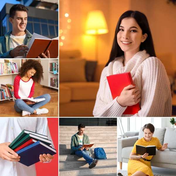 Collage of young people with books
