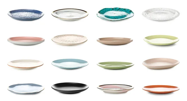 Set Empty Ceramic Plates Isolated White — Stockfoto