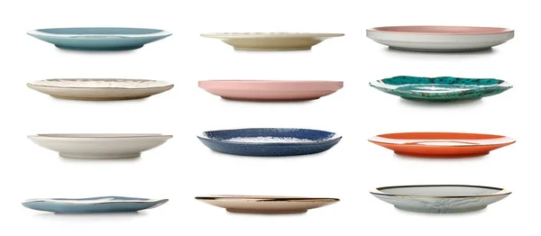 Set Empty Ceramic Plates Isolated White — Stockfoto