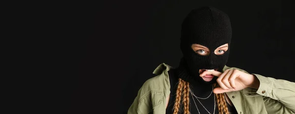 Young Woman Balaclava Black Background Space Text — Stockfoto