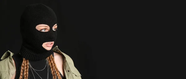 Young Woman Balaclava Black Background Space Text — Stockfoto