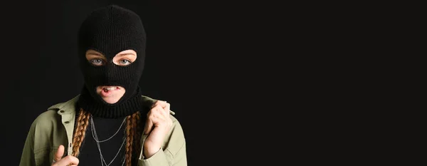 Young Woman Balaclava Black Background Space Text — 스톡 사진