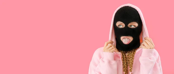 Young Woman Balaclava Hoodie Chewing Gum Pink Background Space Text — 스톡 사진