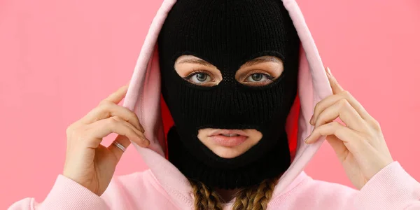 Young Woman Balaclava Hoodie Pink Background — Stockfoto