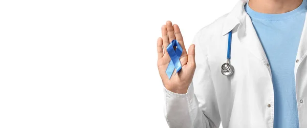 Doctor Holding Blue Ribbon White Background Space Text Closeup Prostate — Zdjęcie stockowe