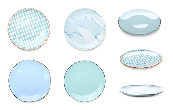 Set Empty Ceramic Plates Isolated White — Stock fotografie