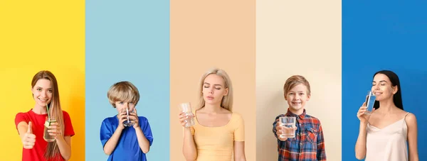 Set People Drinking Water Colorful Background — Foto de Stock