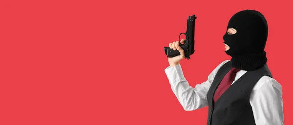 Portrait Young Woman Balaclava Gun Red Background Space Text — 스톡 사진