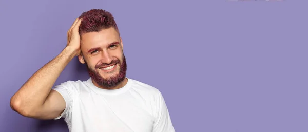 Portrait Handsome Man Dyed Hair Beard Violet Background Space Text – stockfoto