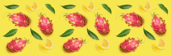 Many Tasty Dragon Fruits Orange Slices Yellow Background Pattern Design — Stockfoto
