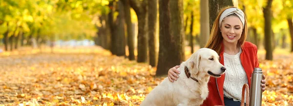 Happy Woman Her Cute Dog Autumn Park — 스톡 사진