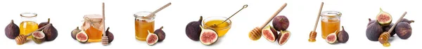 Set Sweet Honey Fresh Figs White Background — Fotografia de Stock