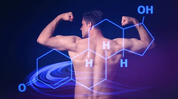 Sporty Man Structural Chemical Formula Testosterone Hormone Dark Background — ストック写真
