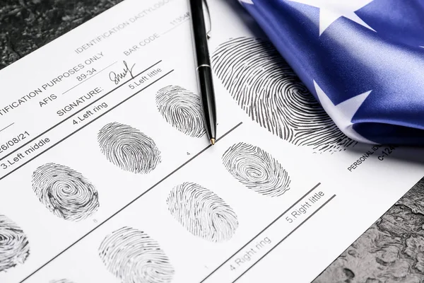 Paper Sheet Finger Prints Pen Flag Usa Dark Background Closeup — ストック写真