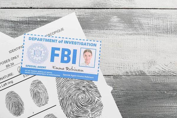 Document Fbi Agent Paper Sheets Finger Prints Wooden Background — Stockfoto