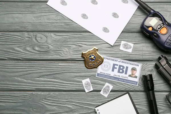 Finger Prints Document Fbi Agent Accessories Wooden Background — Stockfoto