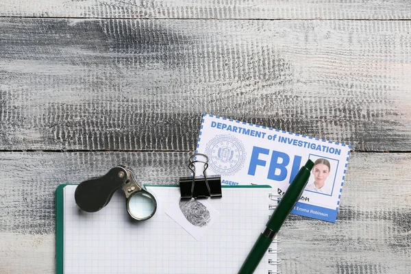 Notebook Magnifier Document Fbi Agent Wooden Background — Fotografia de Stock