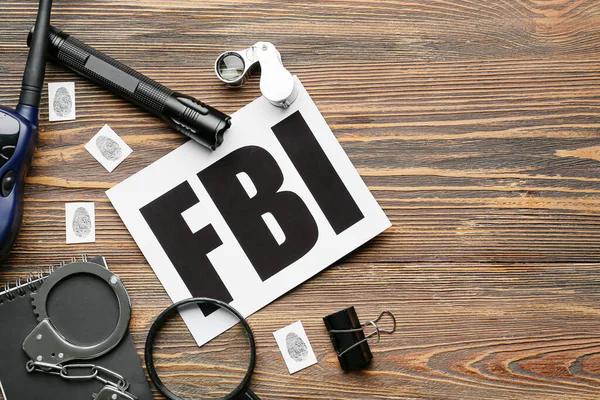 Paper Sheet Abbreviation Fbi Accessories Agent Wooden Background — Stockfoto