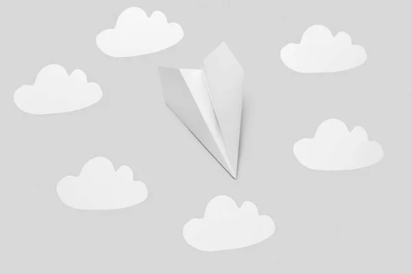 Paper Plane Clouds Grey Background — Stock fotografie