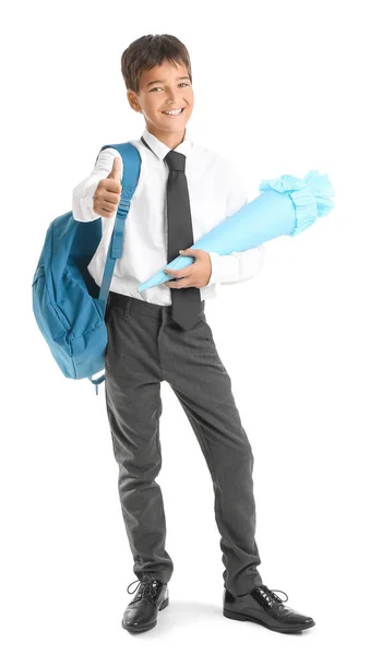 Little Boy School Cone Backpack Showing Thumb White Background — Fotografia de Stock