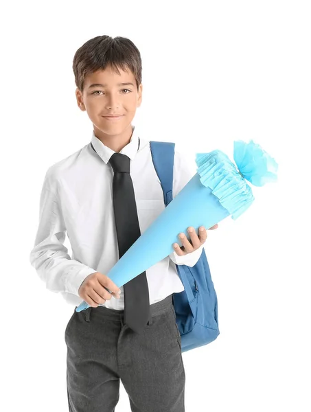 Little Boy School Cone White Background — Foto Stock