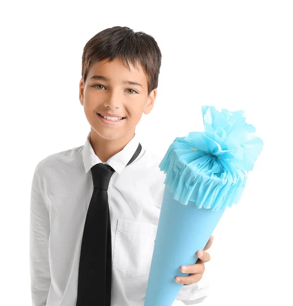 Little Boy School Cone White Background — Stockfoto