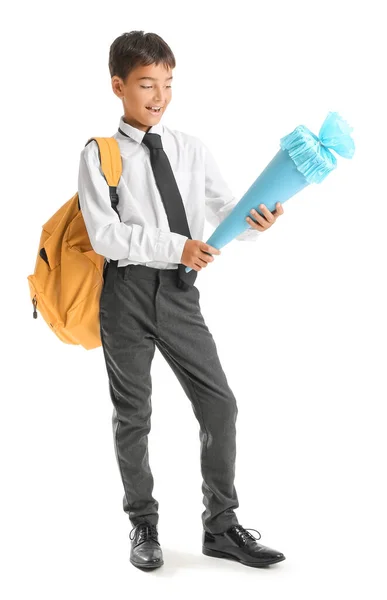 Little Boy School Cone Backpack White Background — 스톡 사진