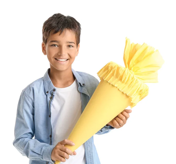 Little Boy Yellow School Cone White Background — Stockfoto