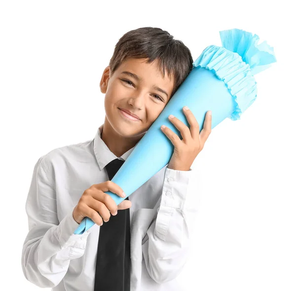 Little Boy Hugging School Cone White Background — Stock Photo, Image