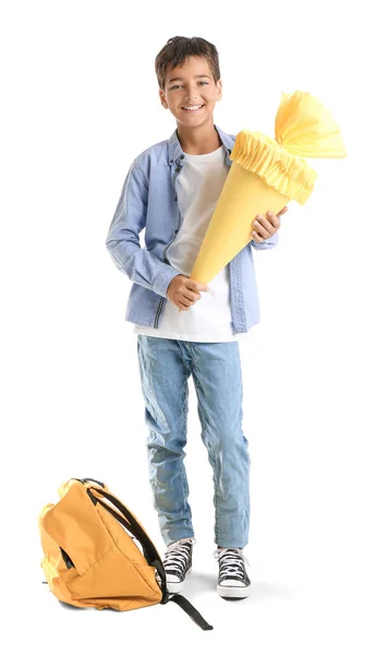 Little Boy Yellow School Cone White Background — Fotografia de Stock