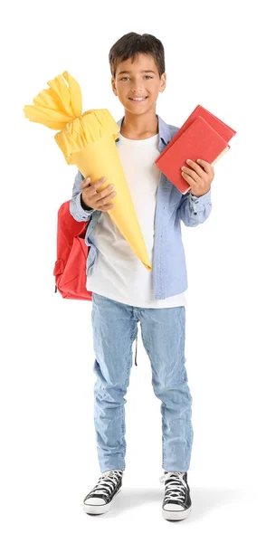 Little Boy Yellow School Cone Books White Background — Stock Photo, Image