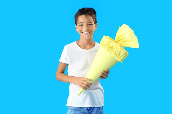 Little Boy Yellow School Cone Blue Background — Photo