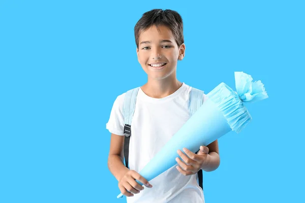 Little Boy School Cone Blue Background —  Fotos de Stock