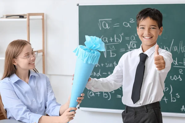 Little Boy School Cone Teacher Showing Thumb Classroom — Stockfoto