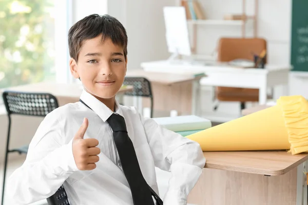 Little Boy Yellow School Cone Showing Thumb Classroom — Foto Stock