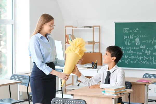 Teacher Greeting Little Boy School Cone Classroom —  Fotos de Stock