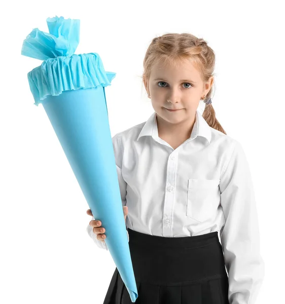 Cute Little Girl Blue School Cone White Background — Stockfoto